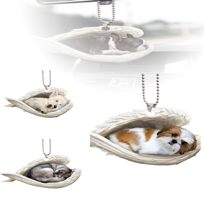 Car Accessories Mirror Hanging - 創造的な眠れる天使の羽の子犬のメモリアル2Dフラットカーリアビューミラーアクセサリー飾り装飾ハンギングチャームペンダント