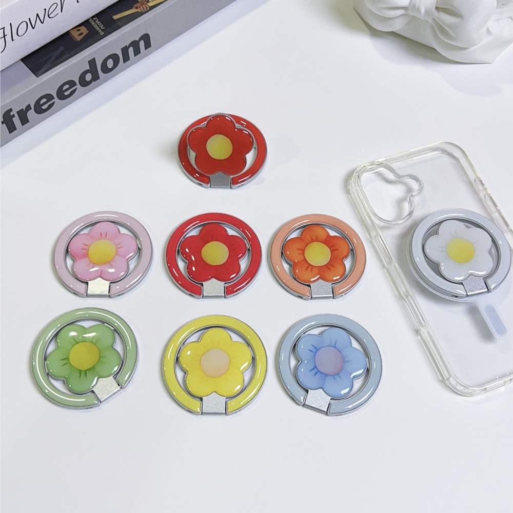 Car Accessories For Women - 花型マグネット式折りたたみキックスタンド付きスマホリングホルダー、落下防止スマホグリップスタンド、iPhone・Samsung対応ユニバーサルデスクトップブラケット（新製品）