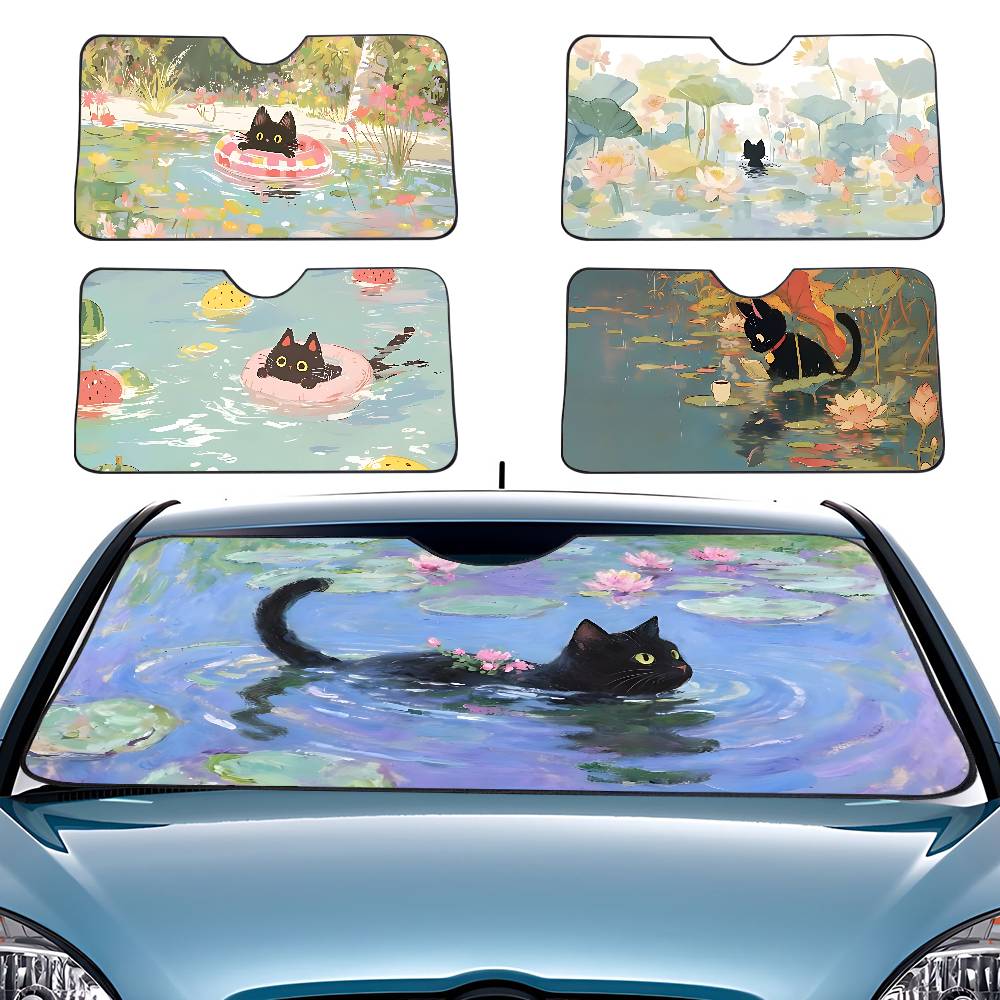 Car Accessories Window - 漫画猫蓮の葉車サンシェードカーテンフロントガラスフロントウィンドウ70x130cmサンバイザーソーラープロテクトチェック柄ギフトノベルティカー