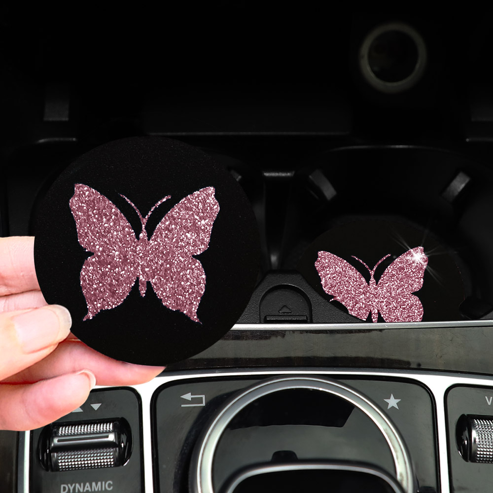 Car Accessories For Women - ピンクの蝶のきらびやかな車のウォーターカップパッド,2つのかわいいパッド,カーアクセサリー