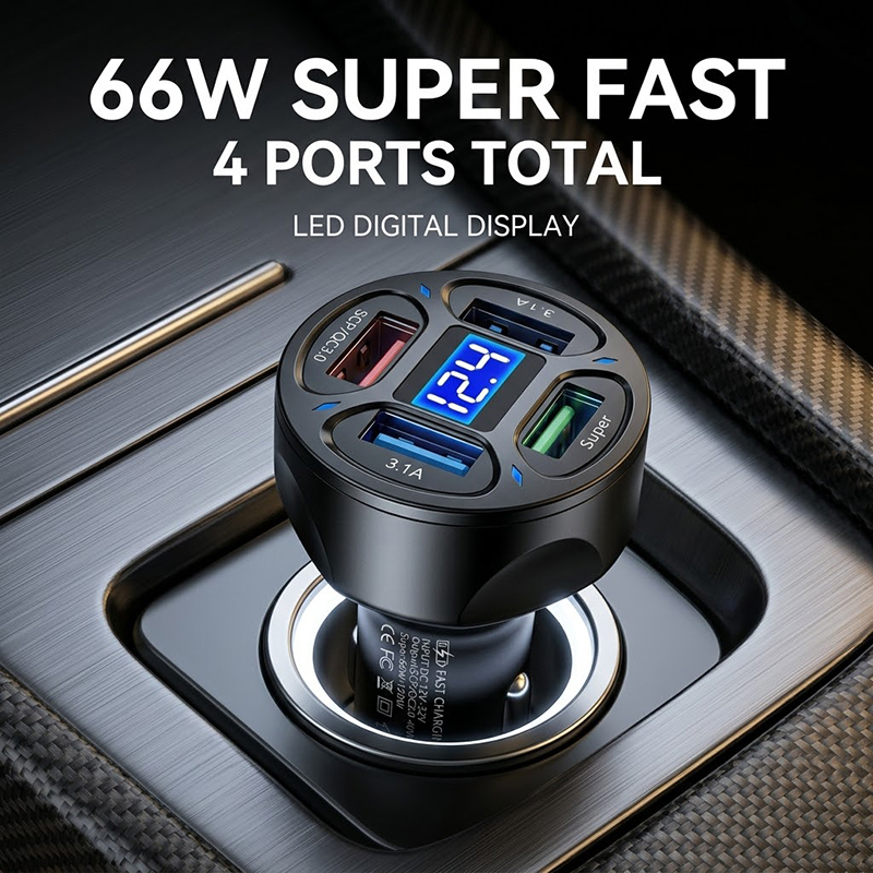 Car Dash Cam - 66WマルチポートUSBカーチャージャー 4ポート急速充電 オートアダプター LEDバッテリー電圧表示 12V 24V