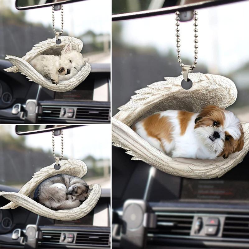 創造的な眠れる天使の羽の子犬のメモリアル2Dフラットカーリア - Car Accessories Mirror Hanging のレビューと価格