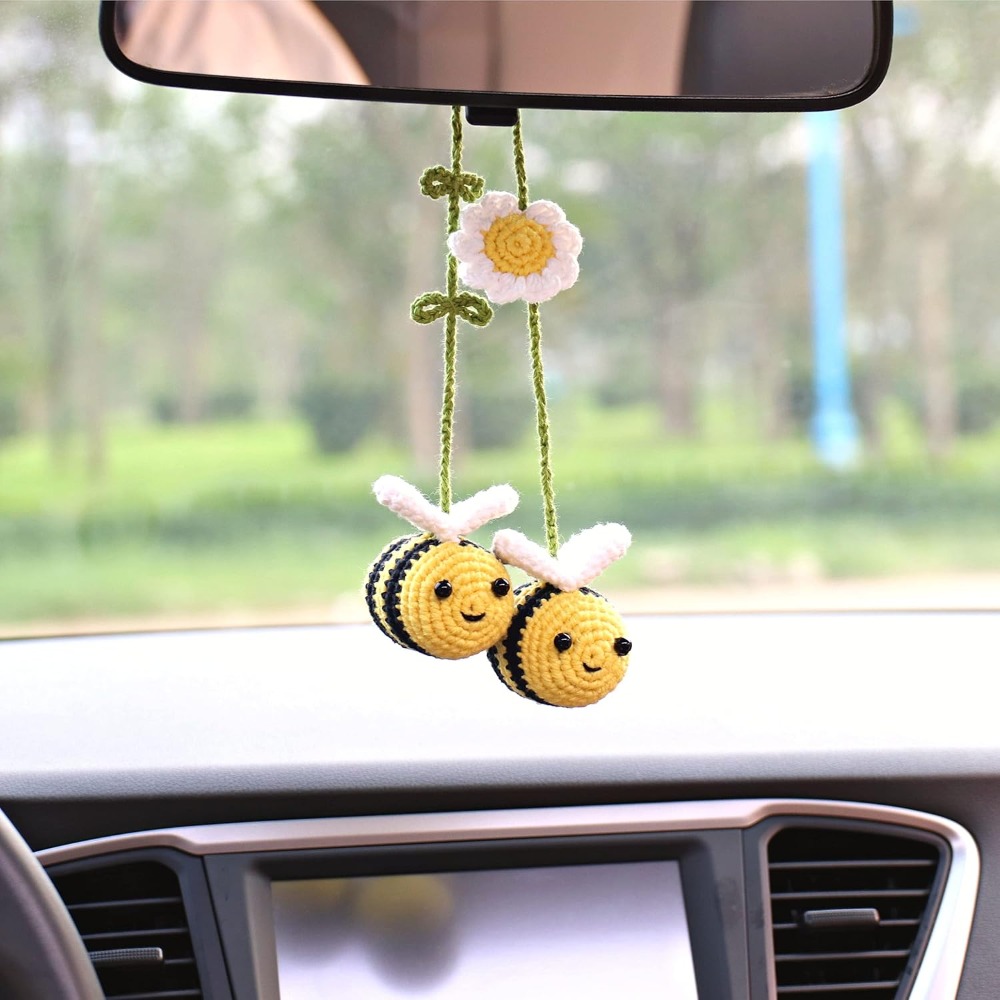 かわいい手編みミツバチの車用バックミラーペンダント、手作りの - Car Accessories Mirror Hanging のレビューと価格