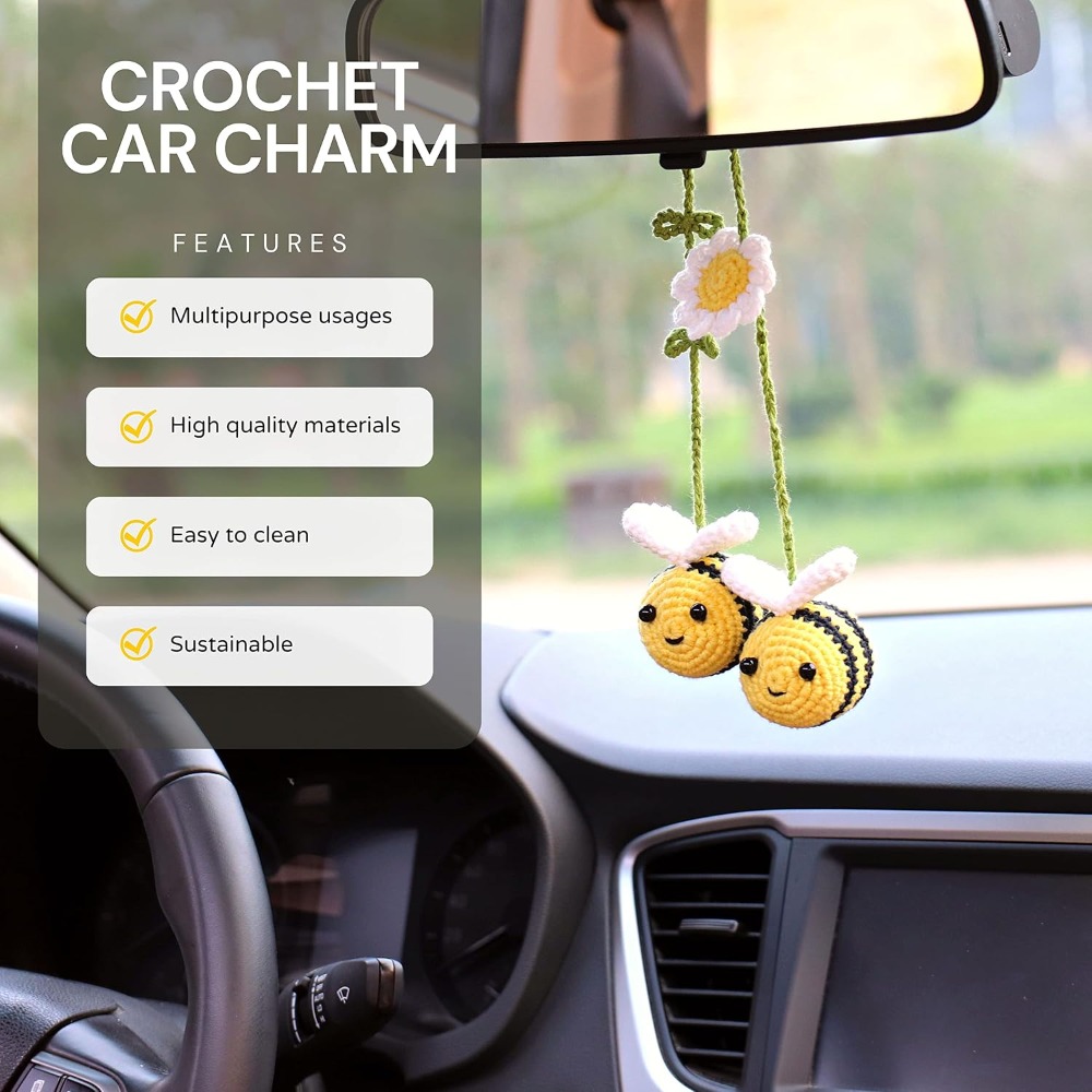 かわいい手編みミツバチの車用バックミラーペンダント、手作りの - Car Accessories Mirror Hanging のレビューと価格