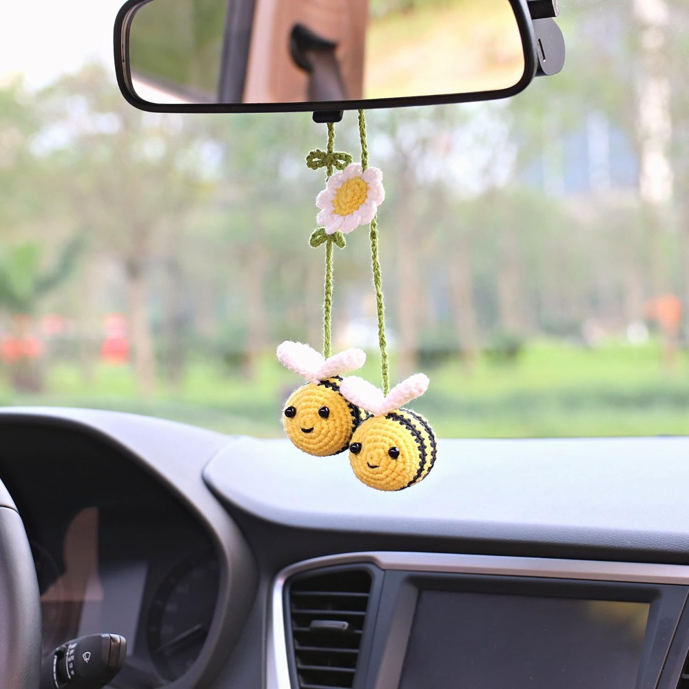 かわいい手編みミツバチの車用バックミラーペンダント、手作りの - Car Accessories Mirror Hanging のレビューと価格