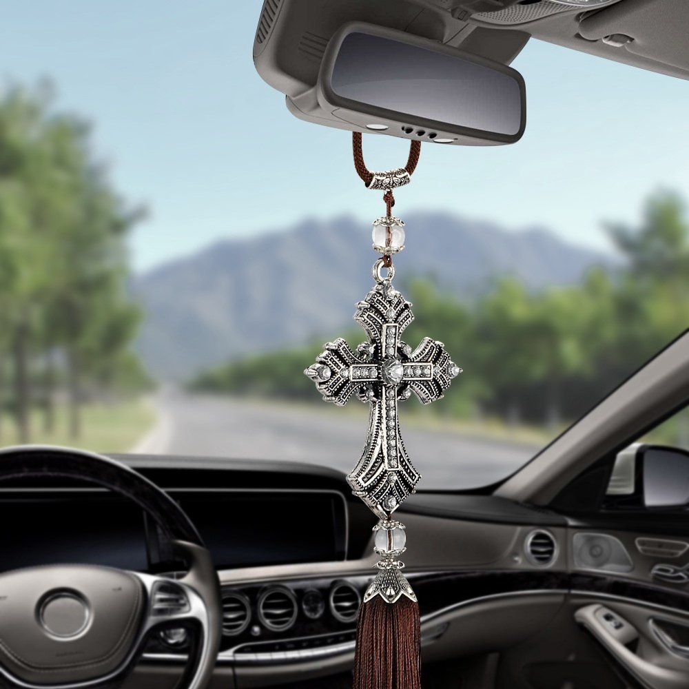 クリスタルラインストーンクロスカーペンダントメタルジーザスク - Car Accessories Mirror Hanging のレビューと価格