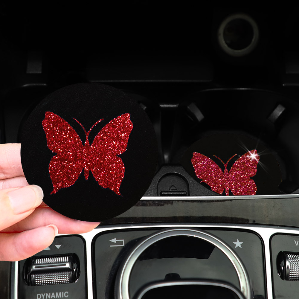 ピンクの蝶のきらびやかな車のウォーターカップパッド,2つのか - Car Accessories For Women のレビューと価格
