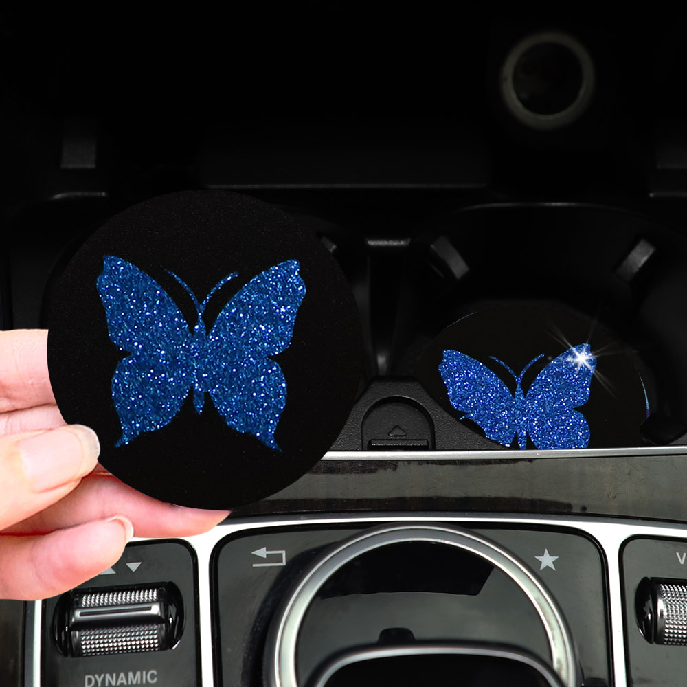 ピンクの蝶のきらびやかな車のウォーターカップパッド,2つのか - Car Accessories For Women のレビューと価格